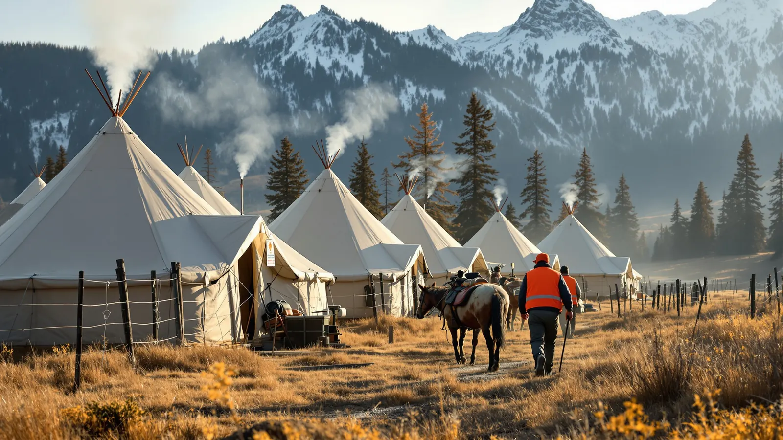 Elk hunting camp in the Montana mountains where hunters carry a montana hunting license and tags
