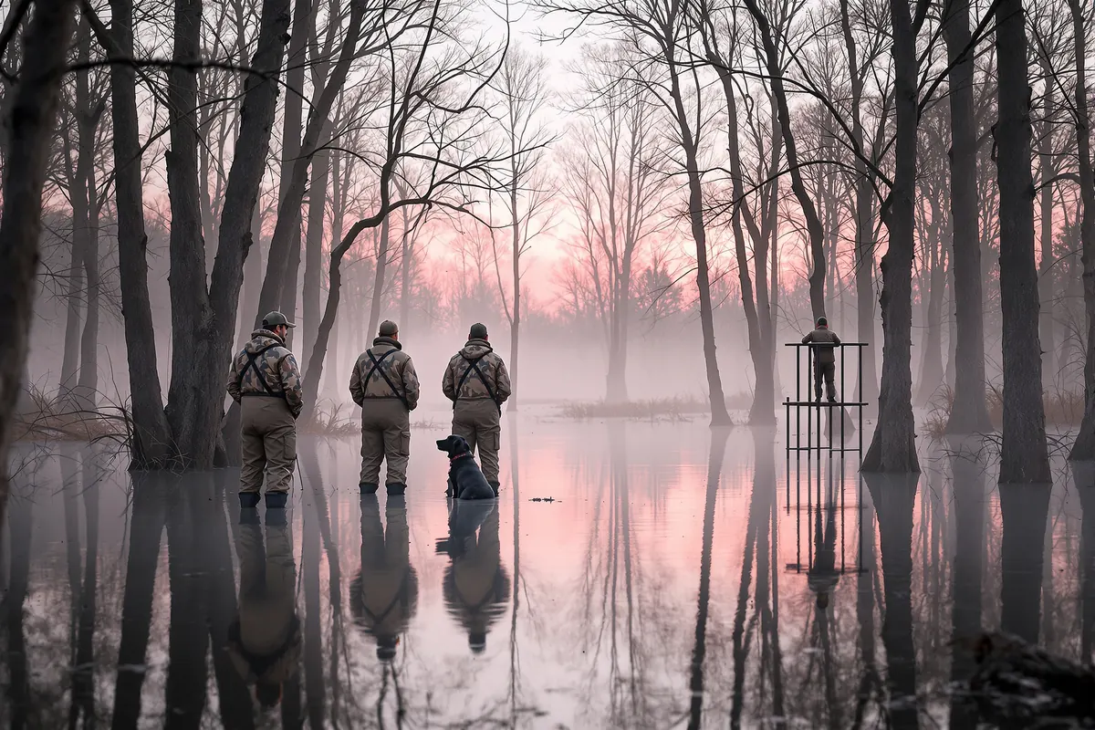 Four duck hunters and a black Labrador in flooded timber at sunrise