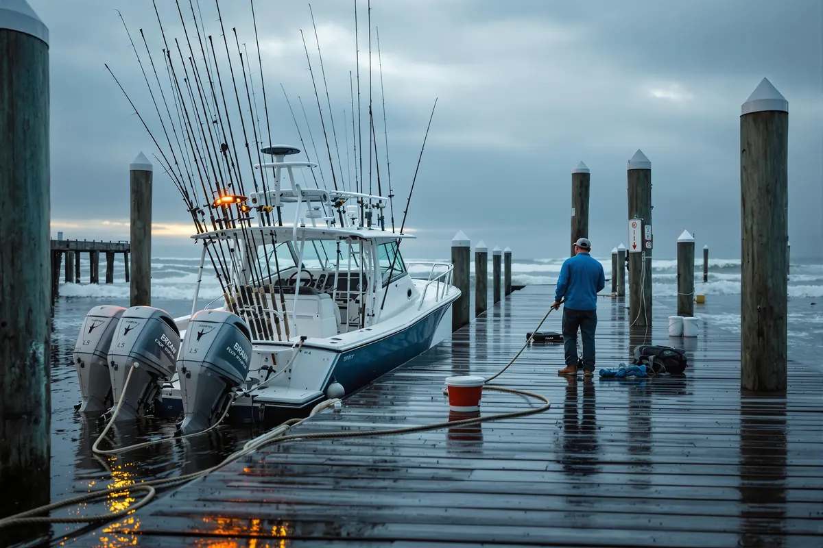 Charter captain at a dock with rough water beyond the jetty at dawn