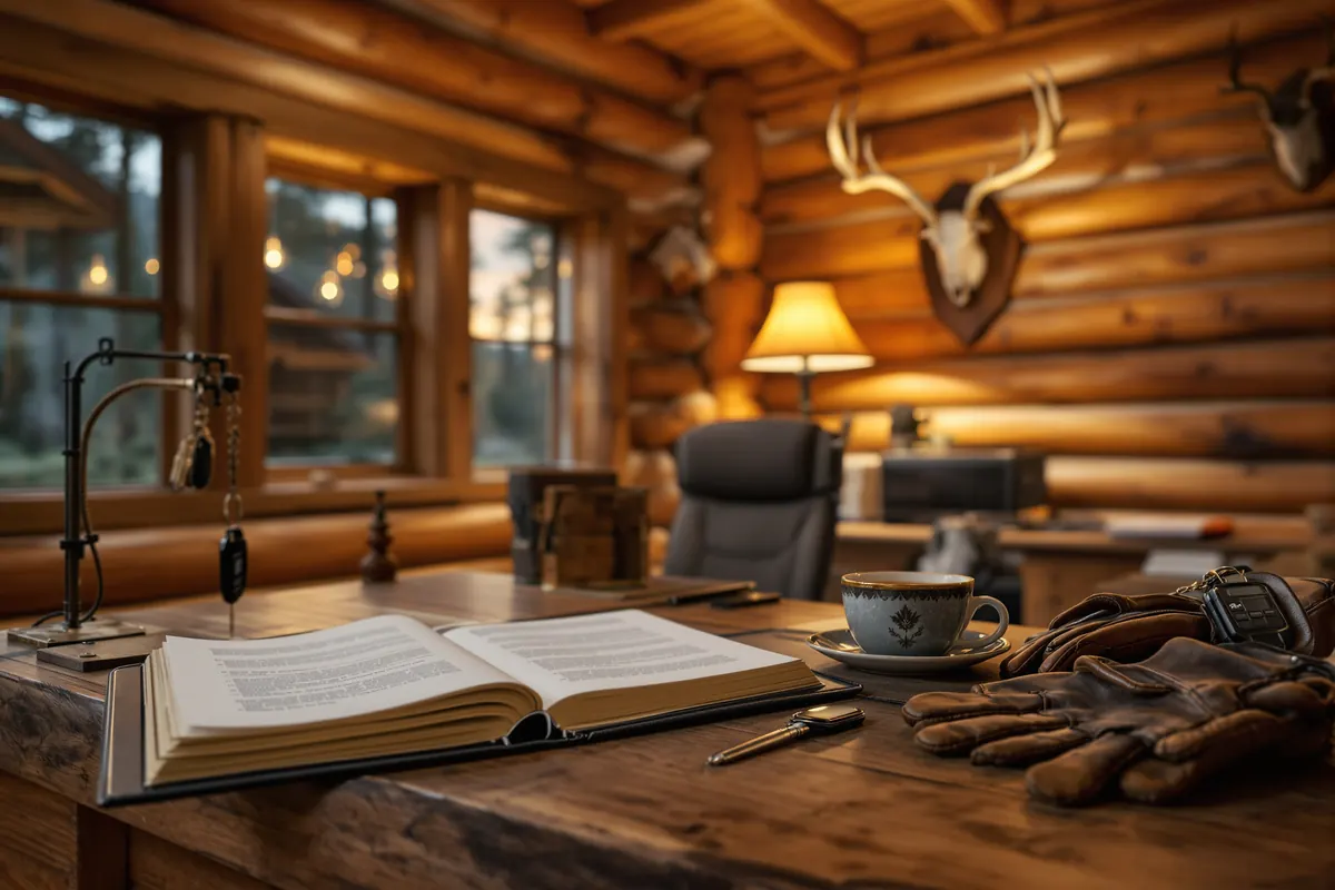 Rustic lodge office desk with binder and truck keys before hunting season