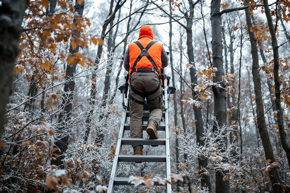Guide wearing a safety harness while climbing a ladder stand in the woods