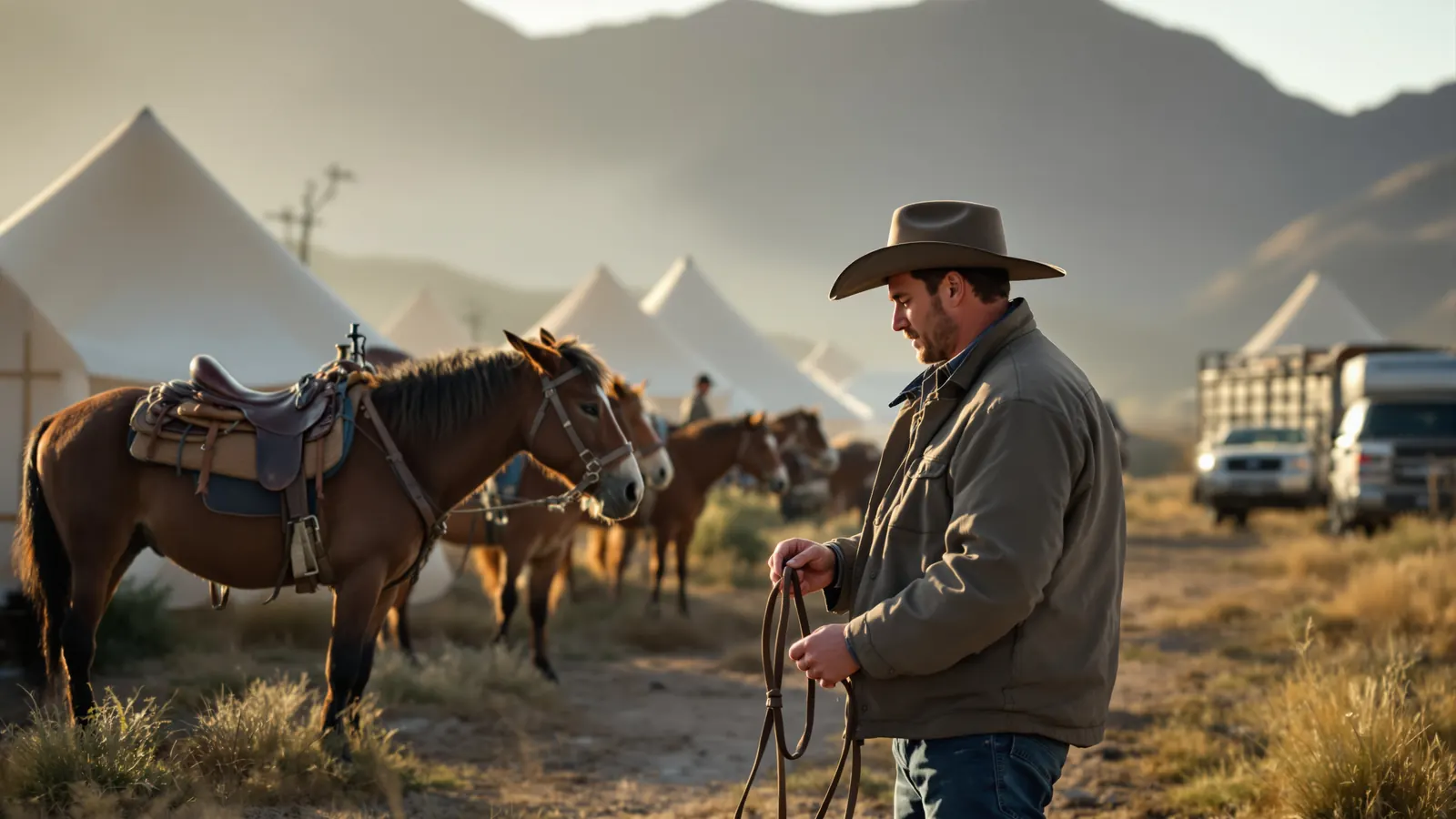 Pack string being saddled at a hunting camp, the kind of operation outfitter insurance has to cover