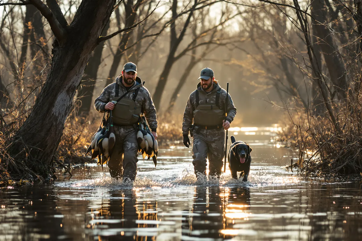 Guide and hunters walking out of flooded timber with a strap of mallards