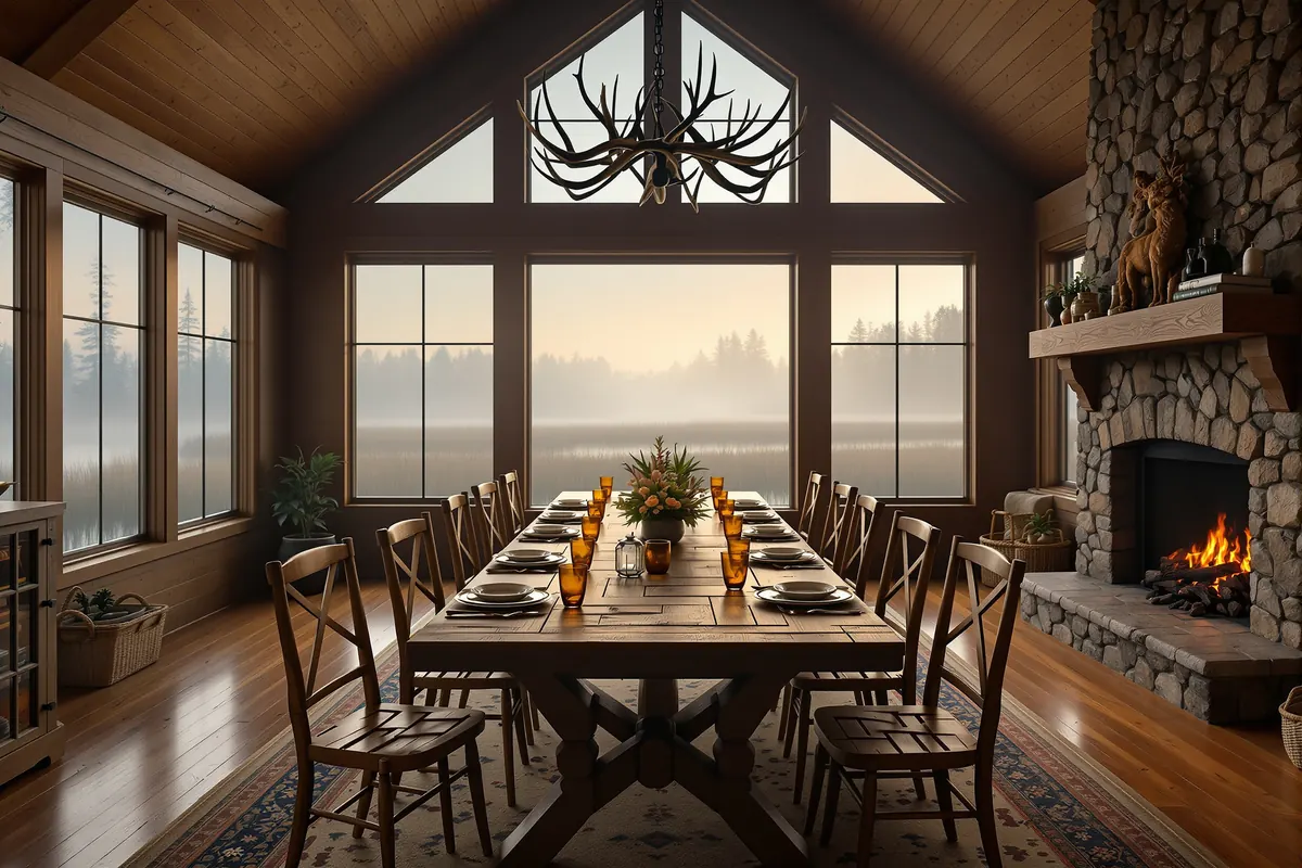 Hunting lodge great room with stone fireplace and a long dining table
