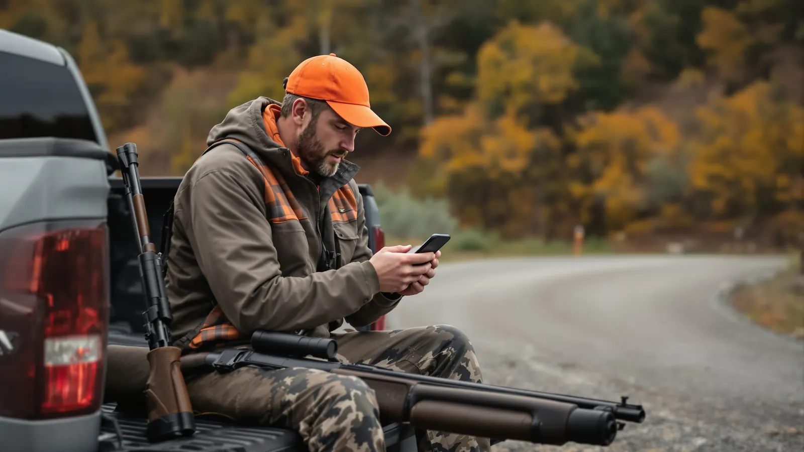 Hunter browsing an outfitter website on a phone from a truck tailgate
