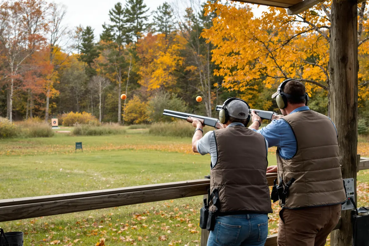 Two shooters at a sporting clays station with ear protection on an autumn course