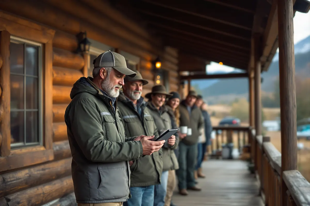 Lodge guide checking guest paperwork on a tablet on a rustic porch before an outing