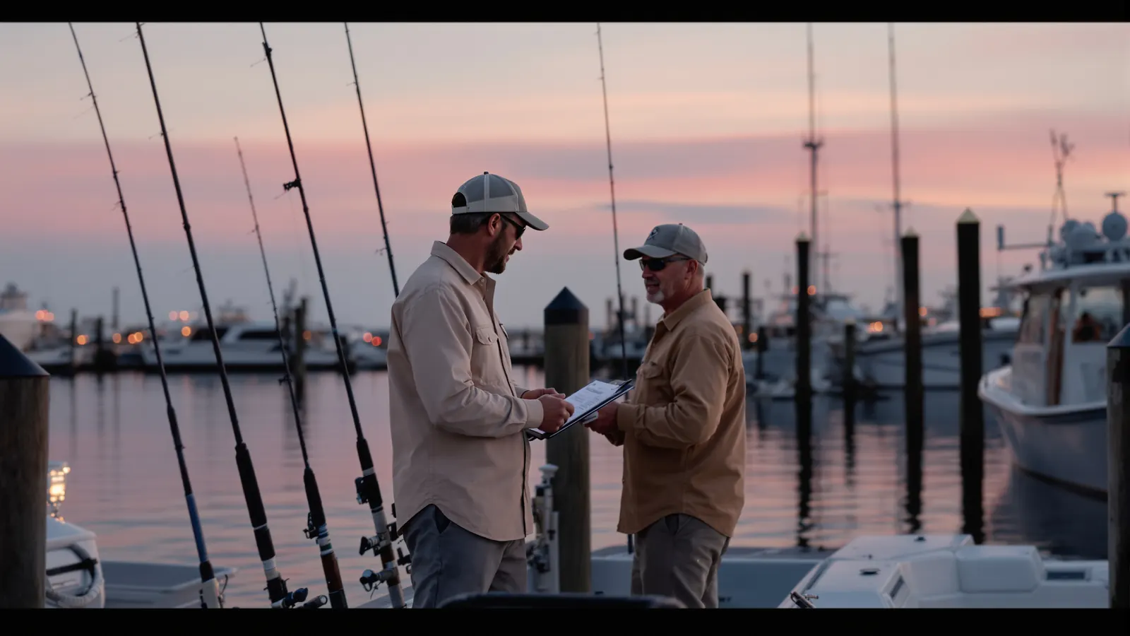 Charter captain handing a release of liability form on a clipboard to an angler at the dock