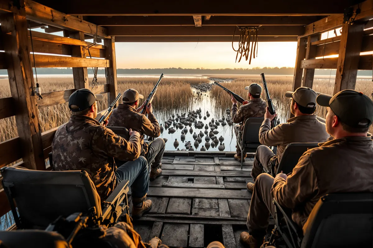 Hunters seated in a duck blind with a guide pointing out shooting positions