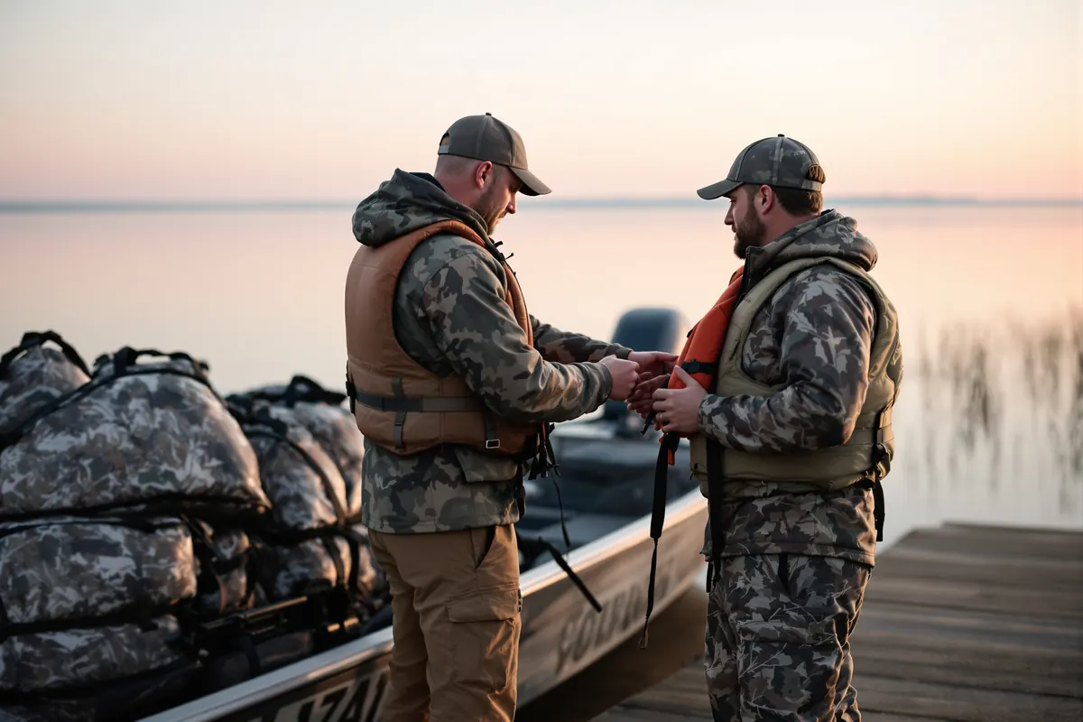 Guide fastening a life jacket on a hunter beside a duck boat at the ramp