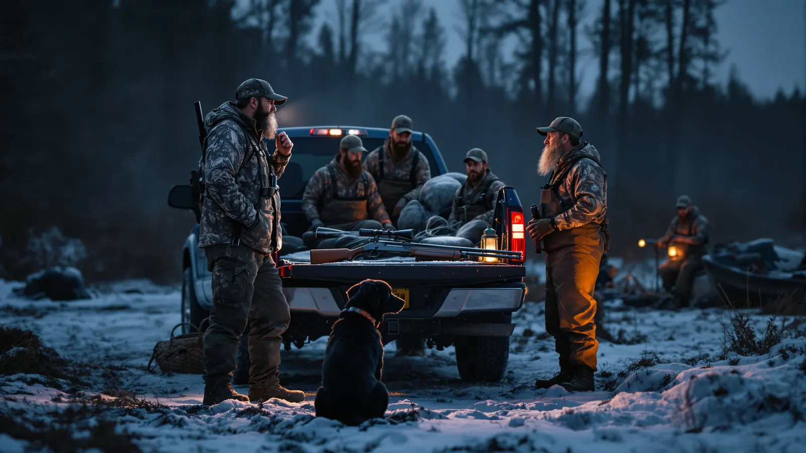 Guide giving a safety briefing to duck hunters at a truck tailgate before dawn