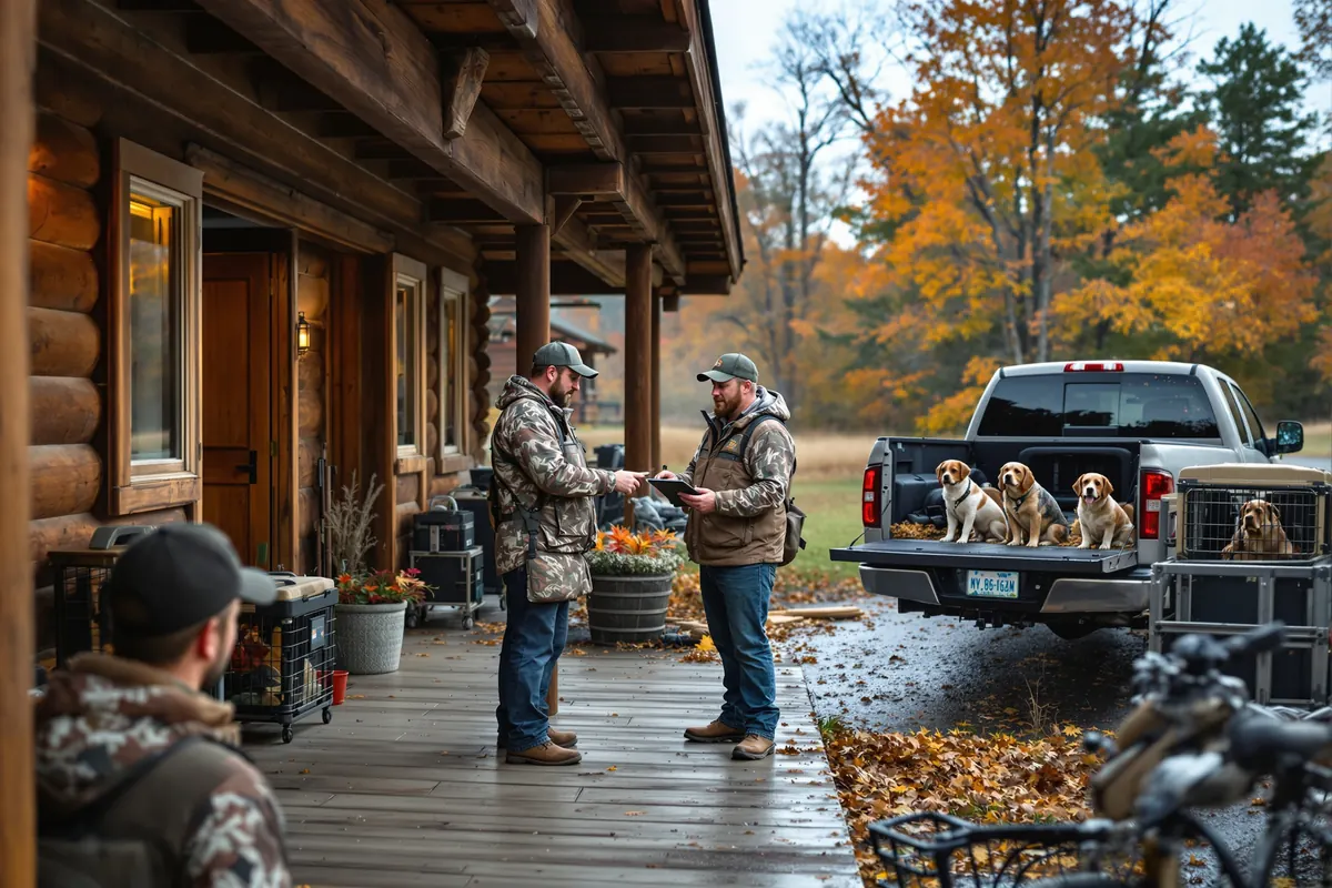Hunters checking in at an upland lodge porch before a bird hunt