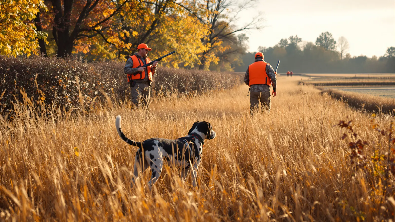 Pointer holding a covey at a shooting preserve while two hunters walk in