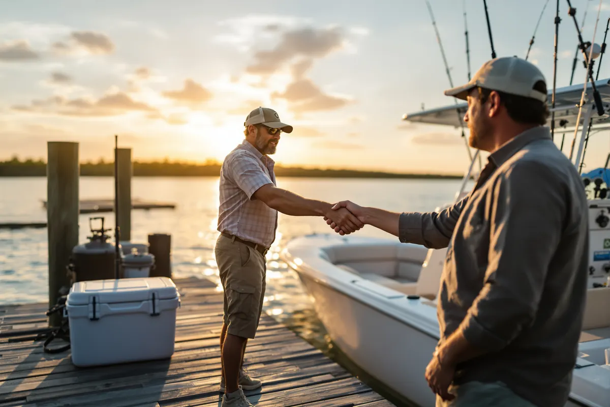 Charter captain and angler shaking hands on the dock after a trip