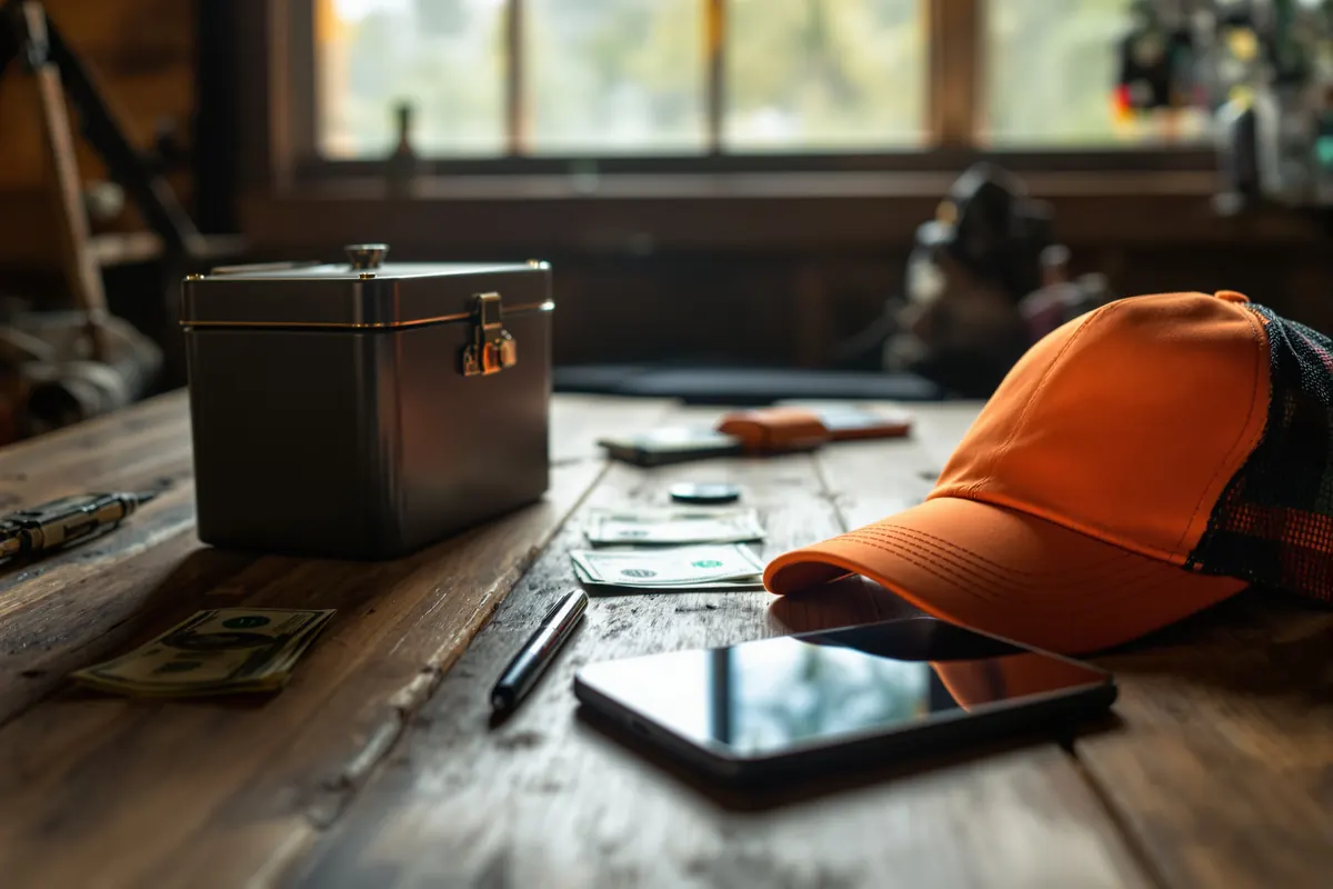 Camp table with cash box and phone for add-on payments at a deer lodge