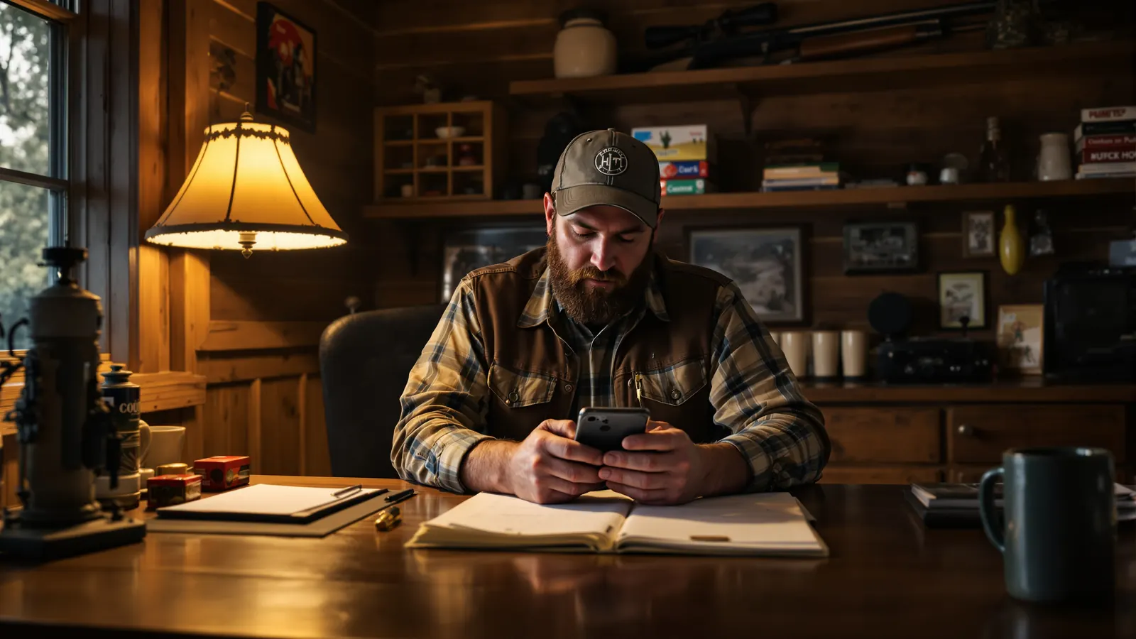 Outfitter reviewing venmo for business payments at a hunting lodge desk in the evening