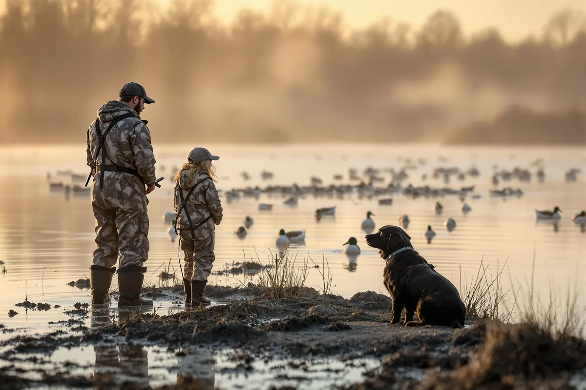 Father and daughter helping a guide set duck decoys at dawn