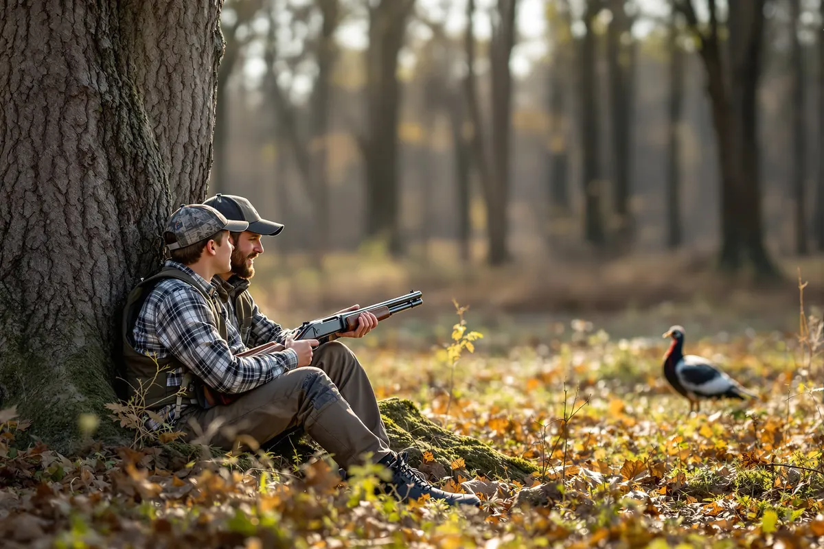 Boy and mentor calling turkeys from the base of an oak