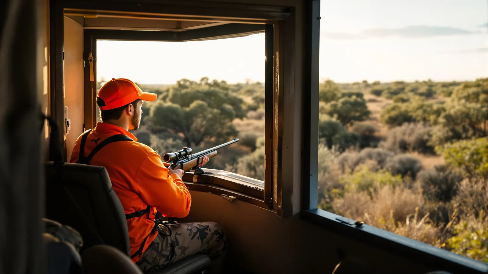 Young hunter and guide in a box blind during a youth hunt in South Texas